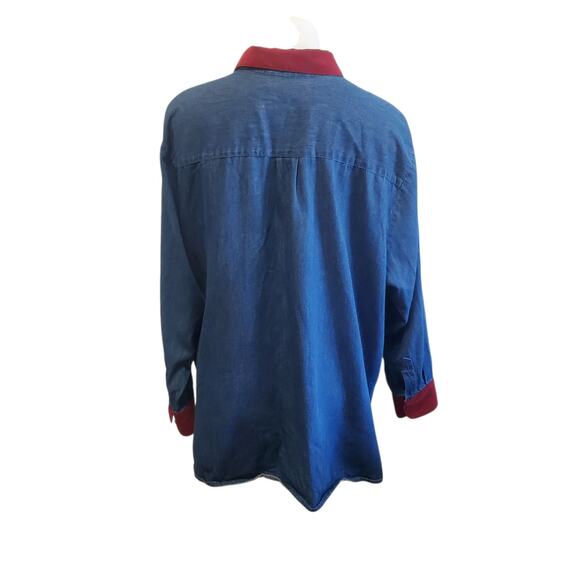 Vintage Karen Scott Denim Christmas Happy Holidays Embroidered Stockings Shirt - Picture 8 of 13